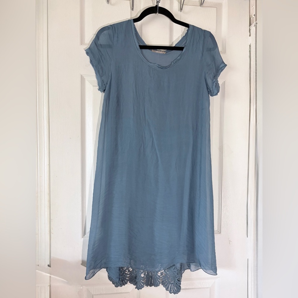 Giulia 100% Silk Teal Women’s Short Sleeve Midi Dress Sz S
